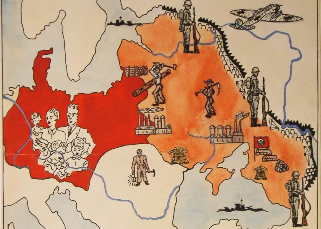 Imagen: propaganda alemana durante la segunda guerra mundial, donde se visualiza gráficamente la idea de “espacio vital” alemán proyectado sobre la zona de la Rusia europea, al oeste de los Urales. 